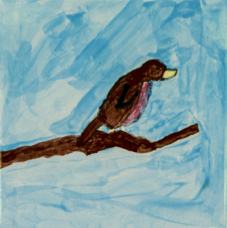 Painting of a robin perched on a brown branch, with a red chest, dark wings, and a yellow beak against a blue sky.