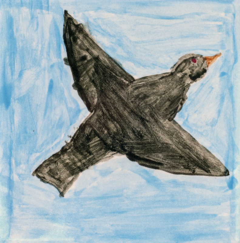 Painting of a black bird with an orange beak that is soaring in a blue sky.