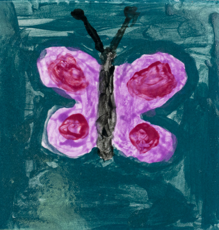 Painting of a pink and black butterfly in front of a teal background.