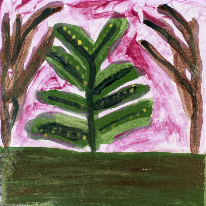 Painting of green plant with yellow spots between two bare trees against red background.