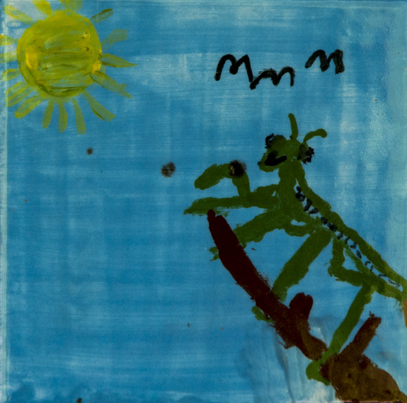 Painting of a green praying mantis on a branch under a yellow sun, with a blue sky background.