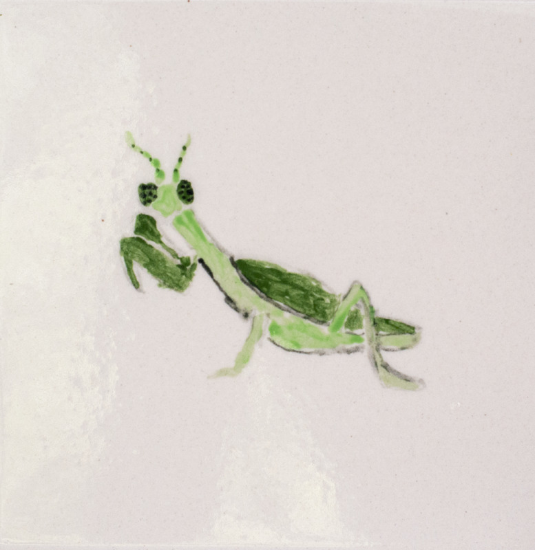 Painting of a green praying mantis in front of a white background.