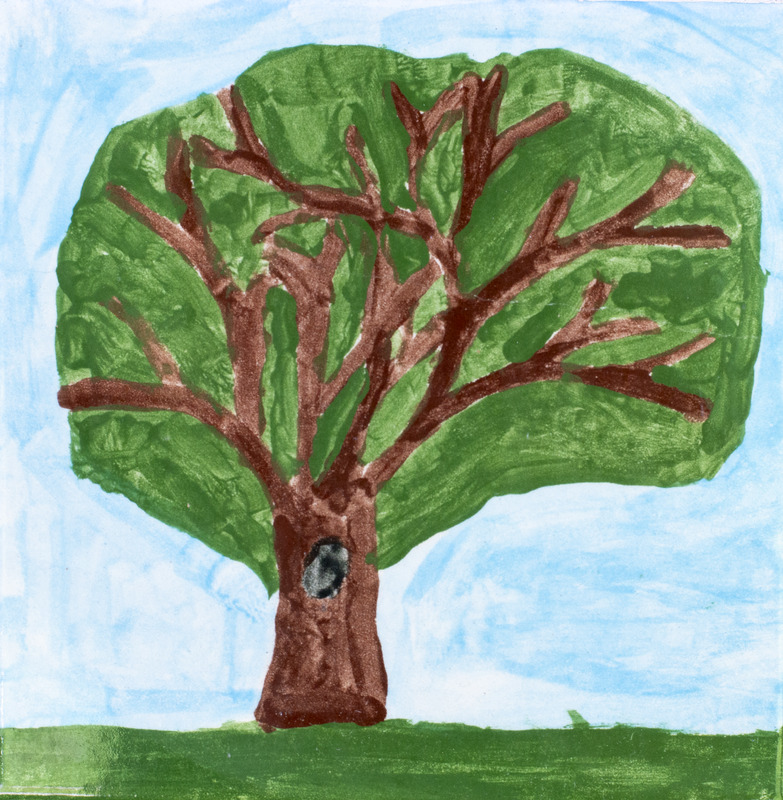 Painting of large tree with long branches and blue sky.