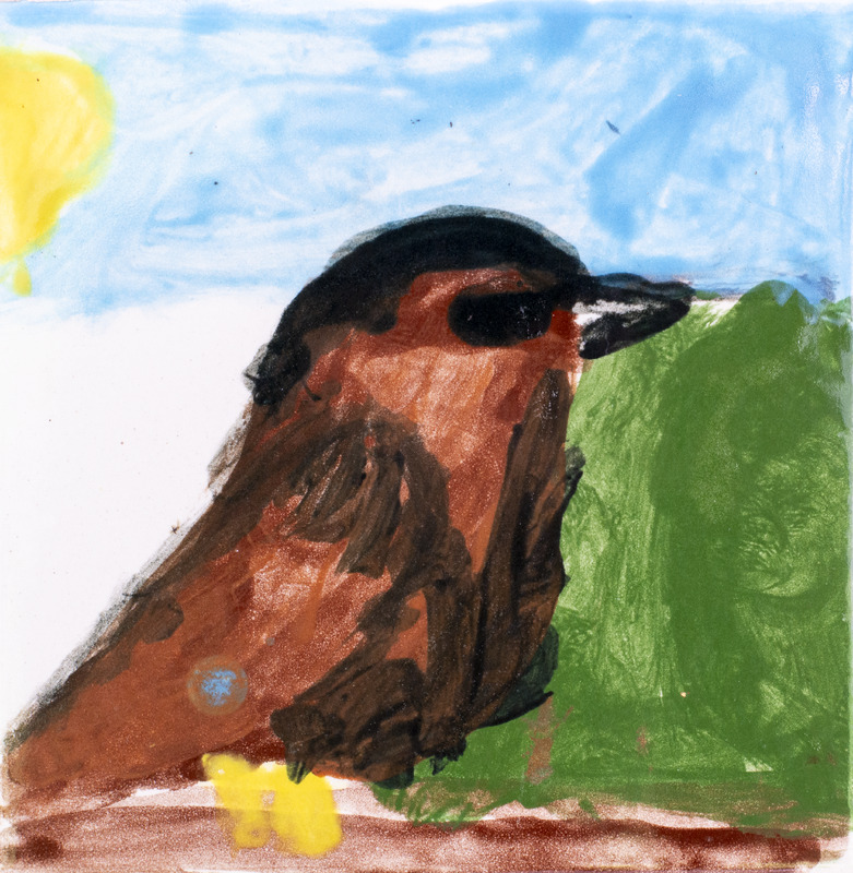 Painting of a brown bird with a dark head and beak sitting on the ground beside a green hill, under a bright yellow sun in a blue sky.
