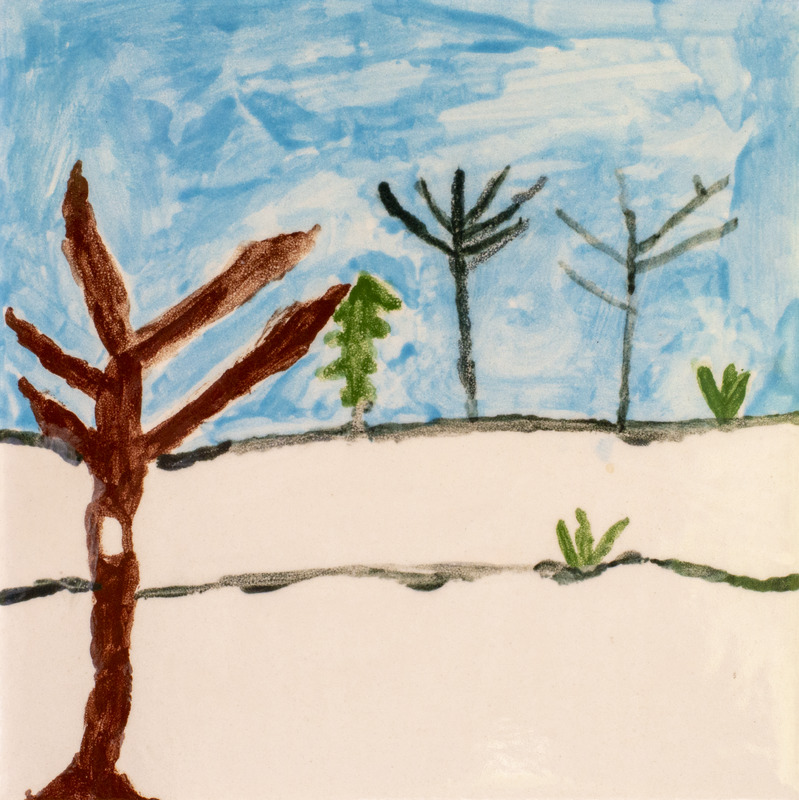 Painting of three trees and bushes in a snowy field with a blue sky.