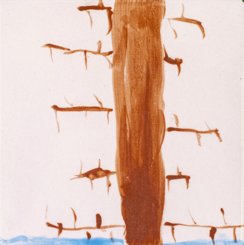Painting of a brown honey locust tree with thorns on the branches.