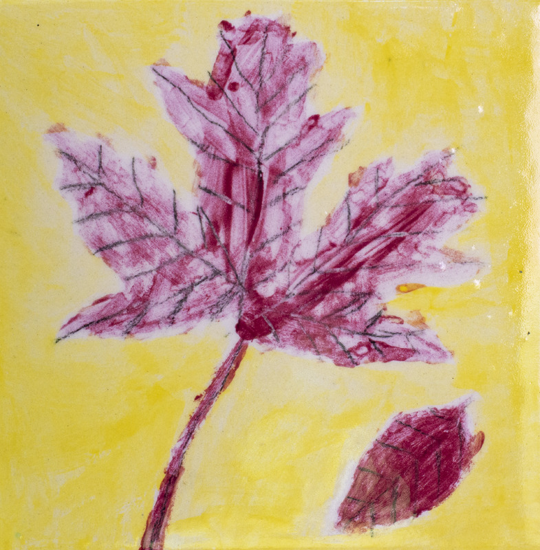 Painting of two red leaves with black veins in front of a yellow background.