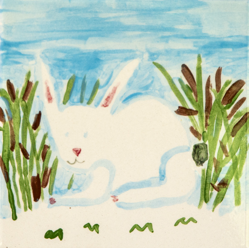 Painting of a white rabbit nestled between tall green cattails with brown tops against a blue sky background.
