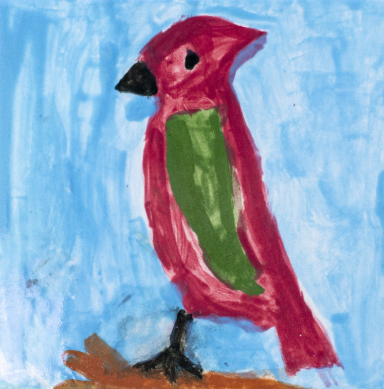 Painting of a red cardinal bird with a green wing and dark beak standing on a branch against a light blue background.
