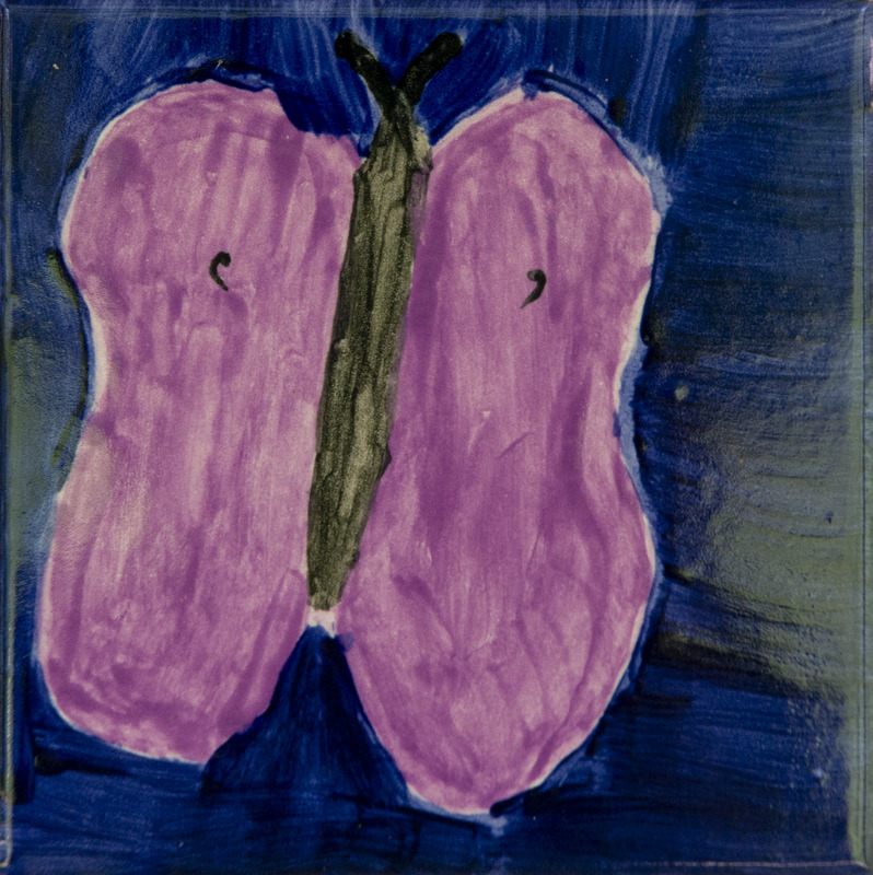 Painting of a butterfly with a dark body and purple wings, set against a deep blue background.