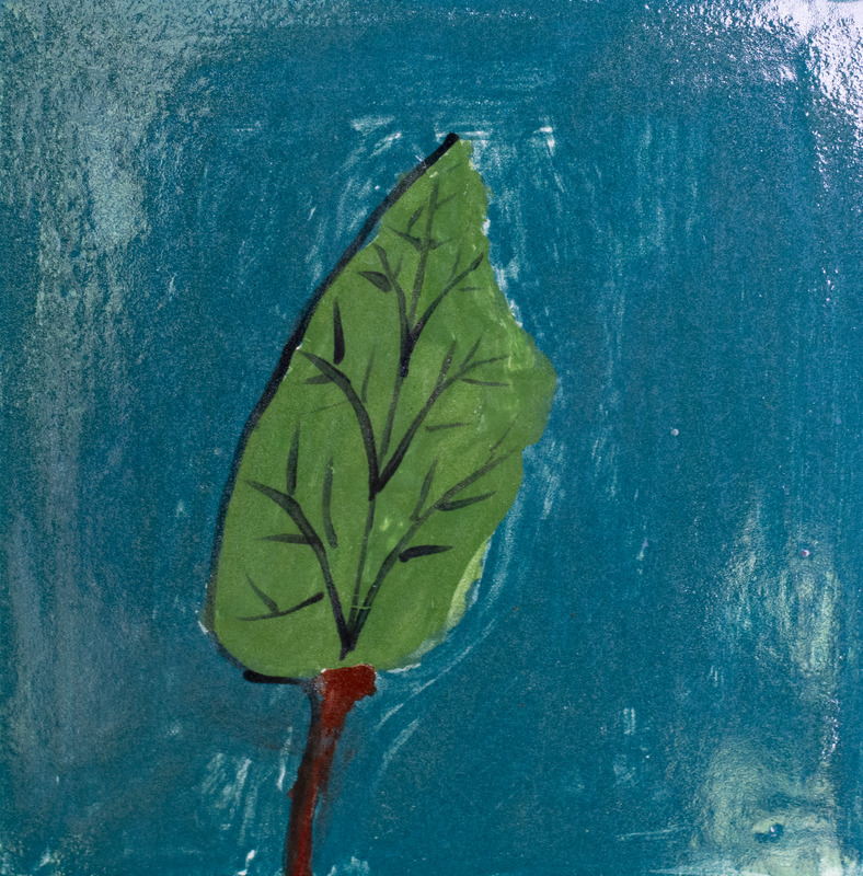 Painting of a green leaf with brown veins in front of a greenish-blue background.