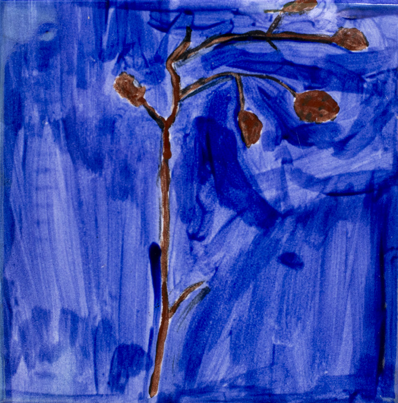 Painting of a brown branch with a blue background.