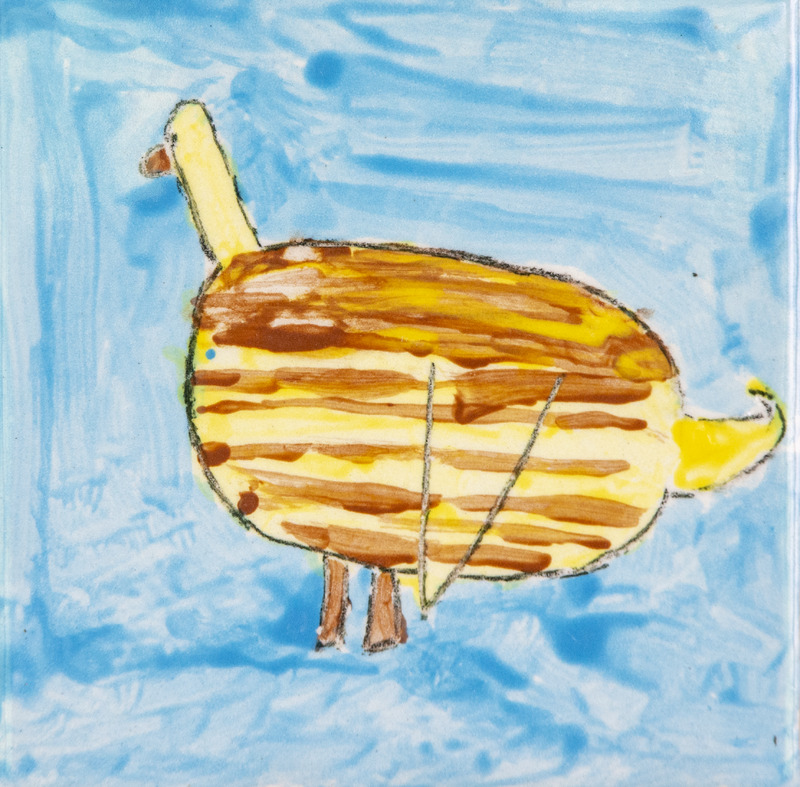 Painting of a yellow and brown duck with small legs and beak, against a blue background.