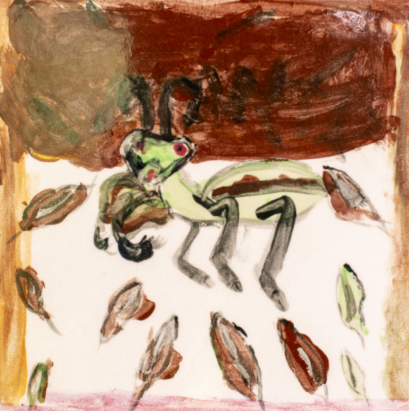 Painting of a green mantis sitting on red leaves over a red background.