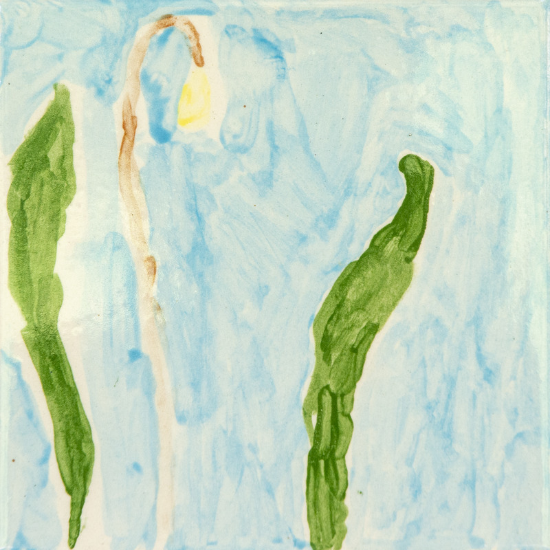 Painting of a yellow trout lily and two long green leaves against a blue background.