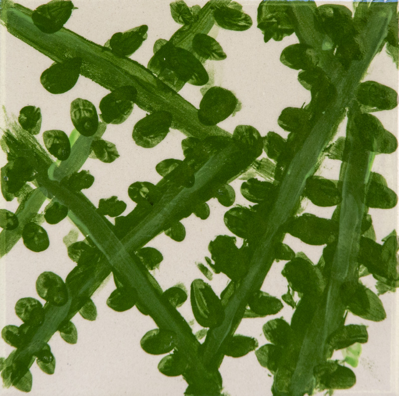 Painting of overlapping green leafy branches with oval leaves, arranged diagonally on a light background.