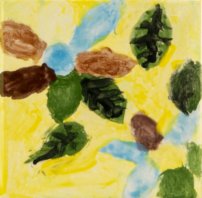 Painting of scattered flowers and leaves, with green and brown shapes on a yellow background and patches of blue.