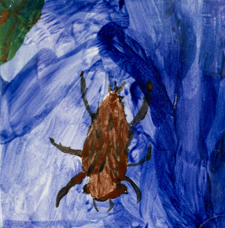 Painting of a brown giant water bug swimming in dark blue water.