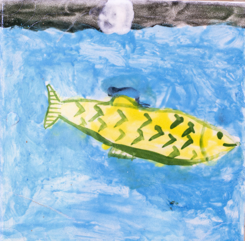Painting of a yellow fish with green scales swimming in blue water.