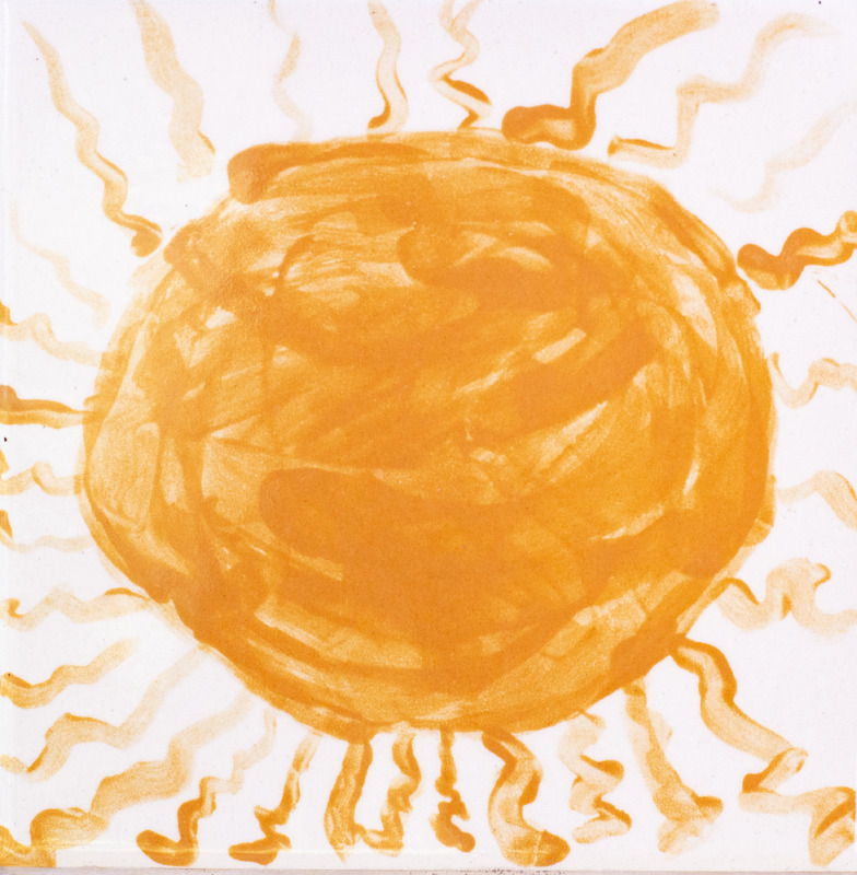 Painting of orange sun with squiggly rays against white background.
