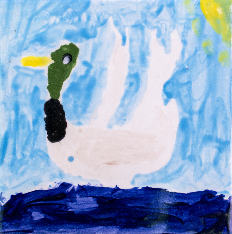 Painting of a duck with a green head and yellow beak floating on dark blue water under a light blue sky.