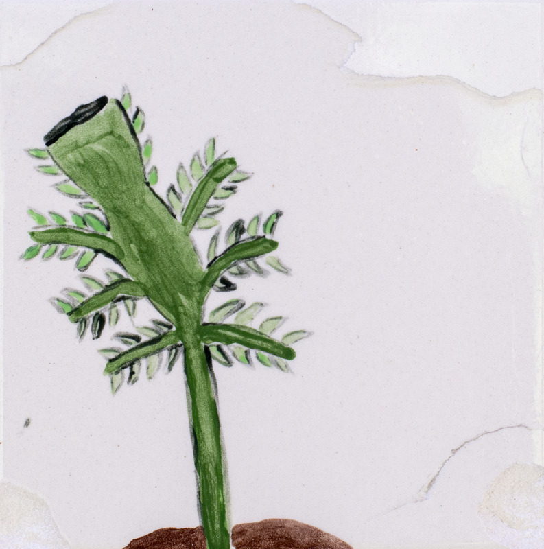 Painting of green plant with compound leaf in dirt against white background.