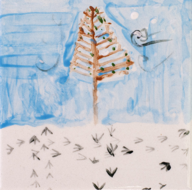 Painting of a tree in the background with animal footprints in the snow in front of it.