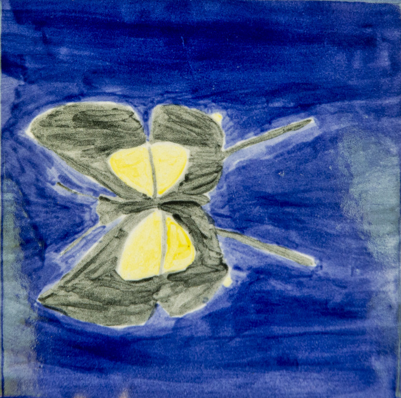 Painting of a butterfly with black and yellow wings, against a deep blue background.