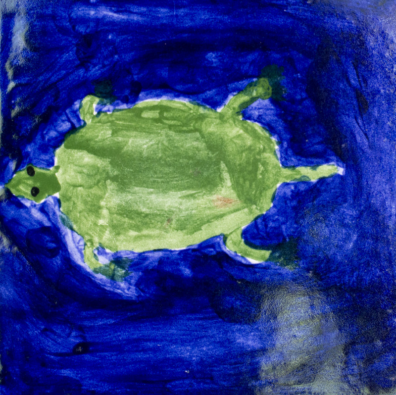 Painting of a bright green turtle swimming in dark blue water