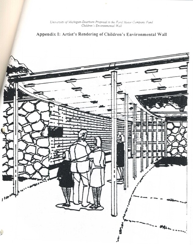Black and white sketch of an outdoor walkway with a curved stone wall and wooden posts. Three children and an adult stand together, looking at the structure. The setting appears to be part of an exhibit or environmental installation.