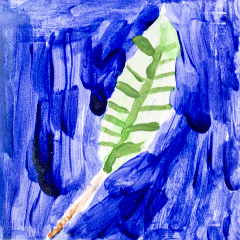 Painting of a green leaf with a blue background.
