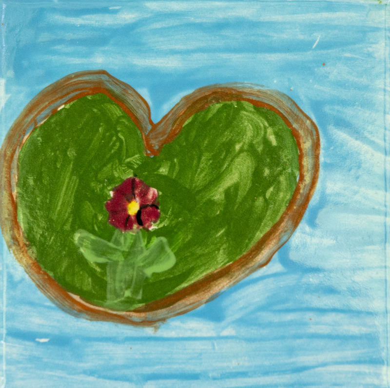Painting of a green heart-shaped lily pad with a small red flower in the center, floating on bright blue water.
