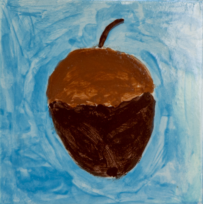 Painting of a brown acorn with a stem, shown against a light blue background.