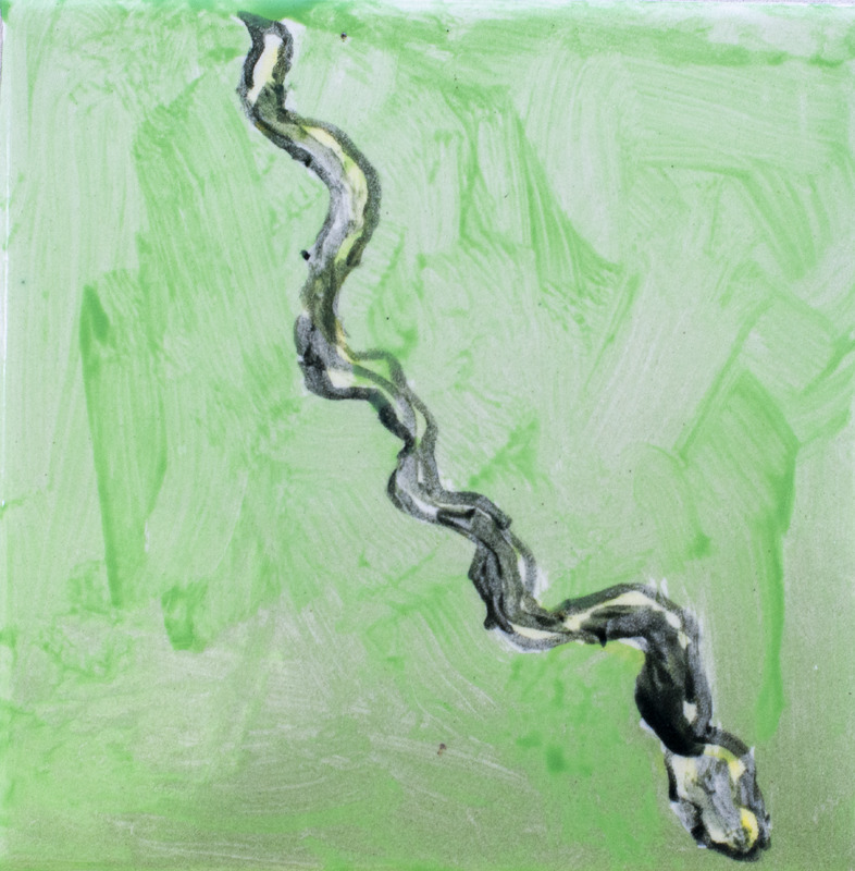 Painting of a black snake slithering in green grass.