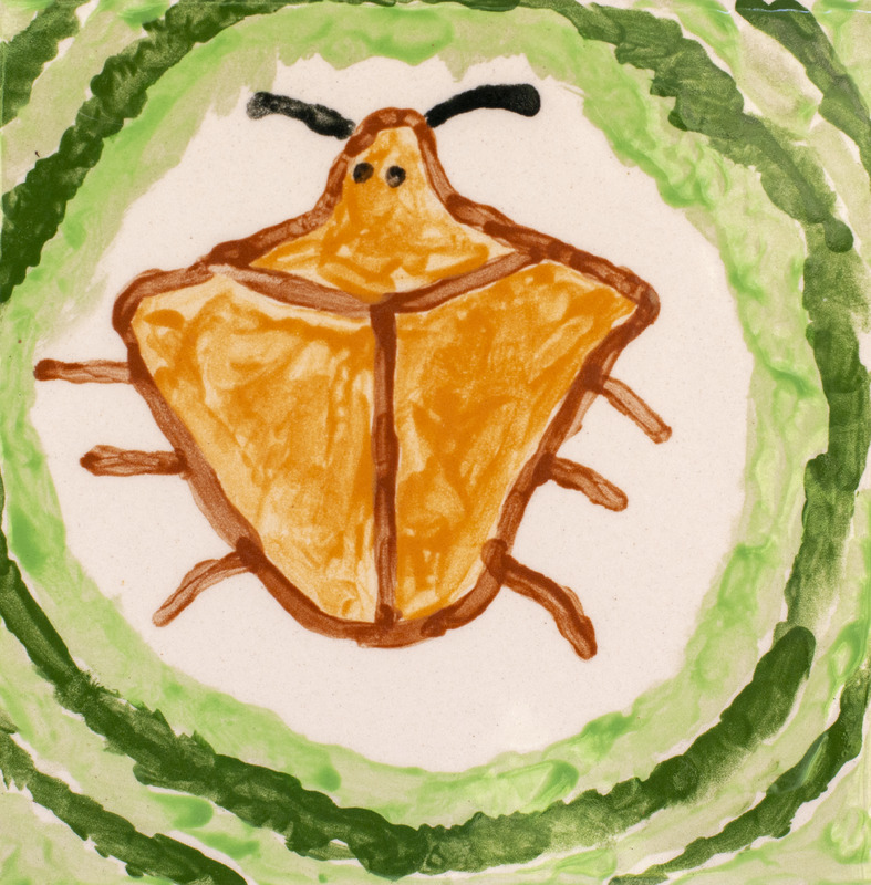 Painting of an orange giant water bug inside of green circular rings.