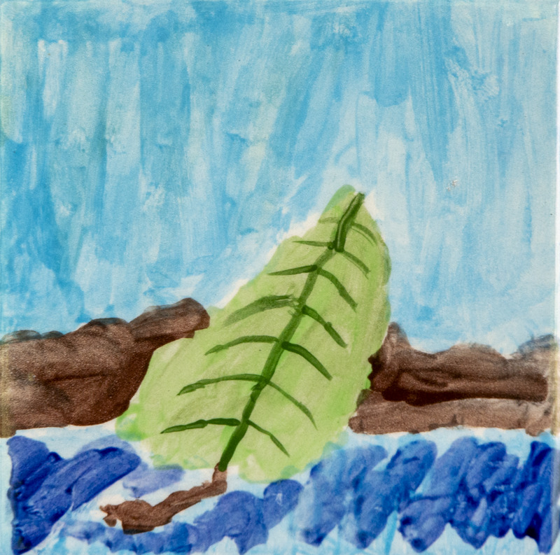 Painting of a green leaf floating on blue water between brown logs, with a light blue sky in the background.