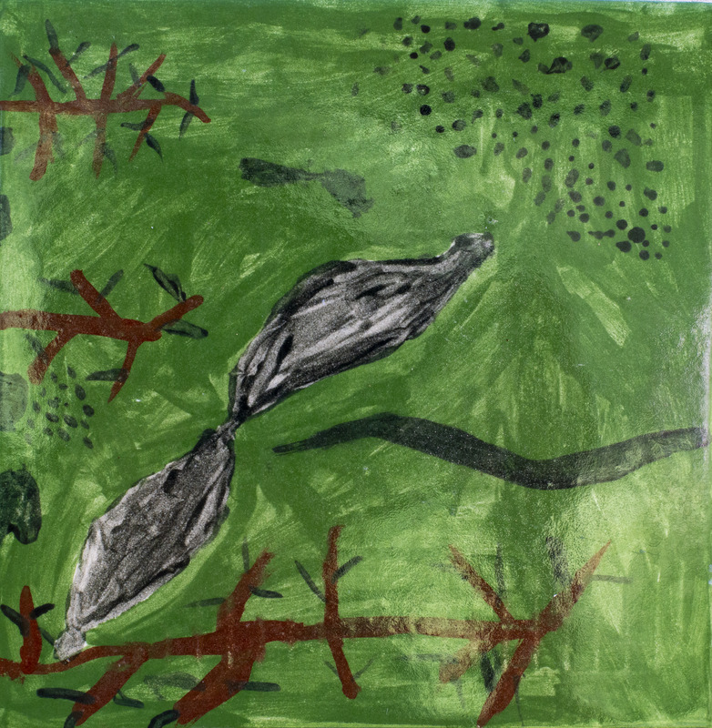 Painting of a black leech in green water with brown and green plants.