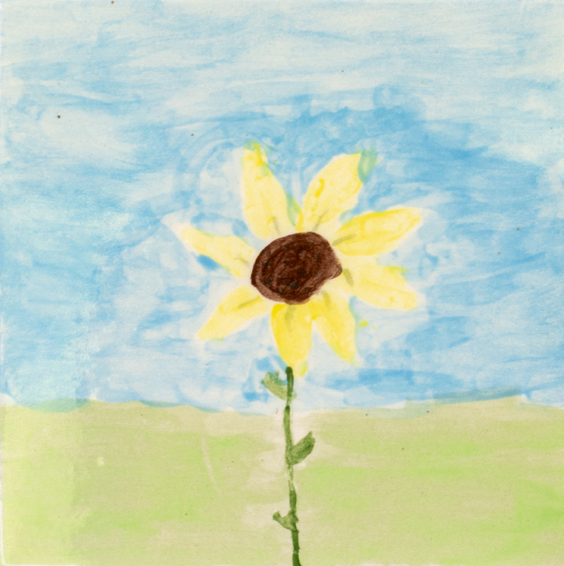 Painting of a yellow black-eyed susan in green grass in front of a blue sky.
