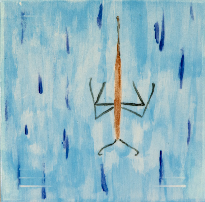 Painting of a water scorpion with a long brown body and thin legs spread out, floating in blue water.