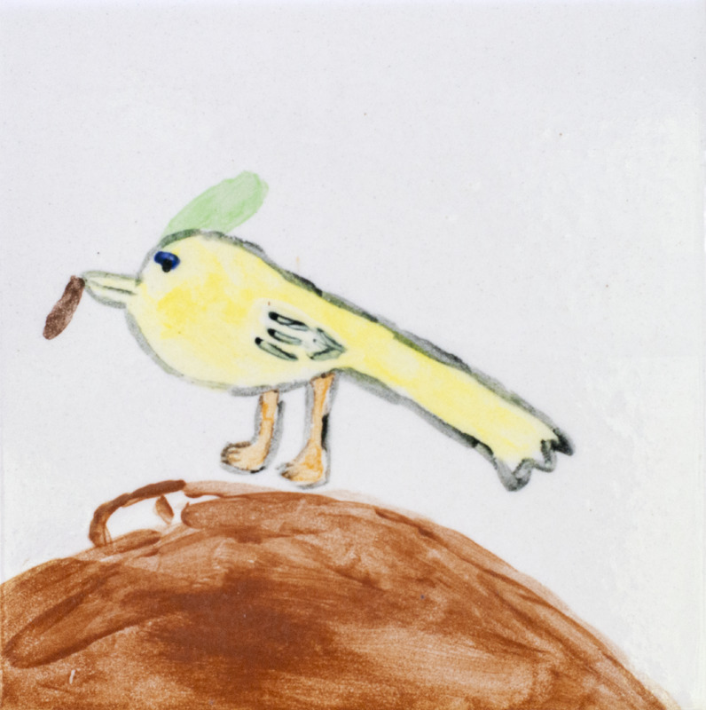 Painting of yellow bird with worm in its beak.