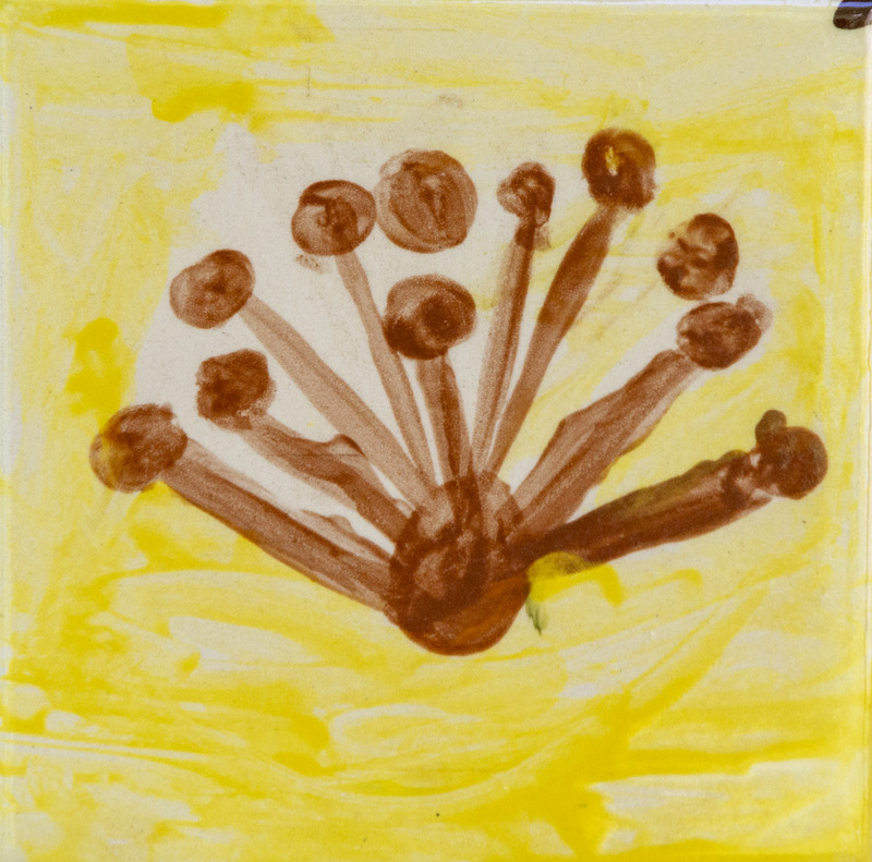 Painting of a brown flower with rounded petals radiating outward, set against a bright yellow background.