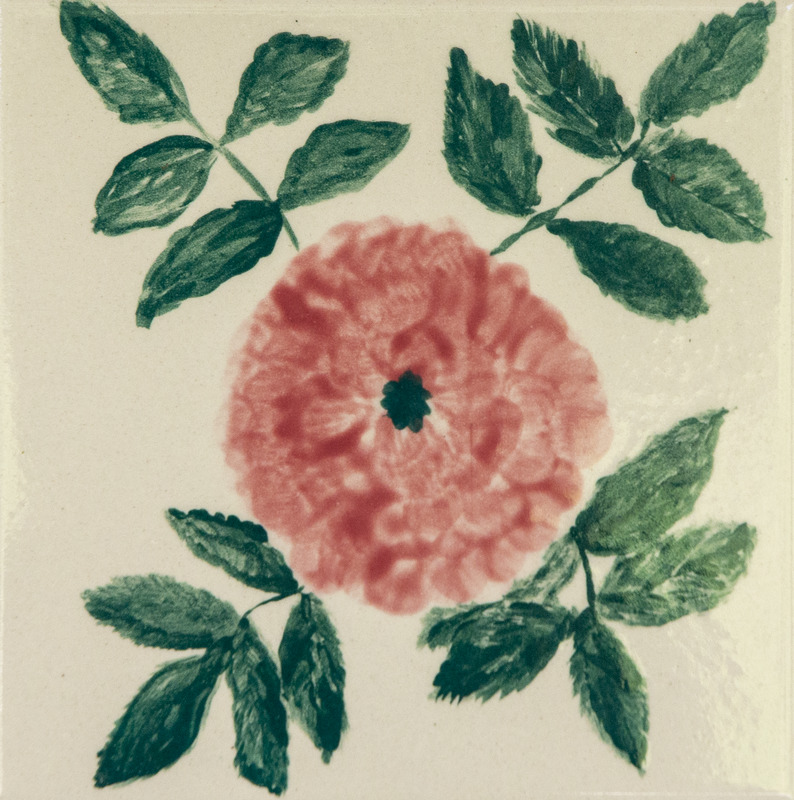 Painting of a round red flower with layered petals, surrounded by dark green leaves.