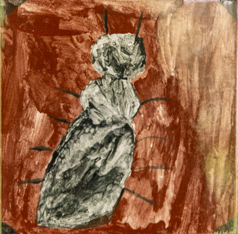 Painting of a large black ant with eight legs and antennae on a reddish-brown background.