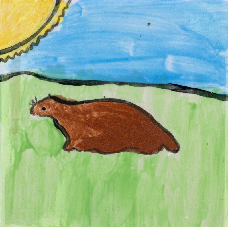 Painting of brown groundhog in grass with blue sky and yellow sun in top left corner.
