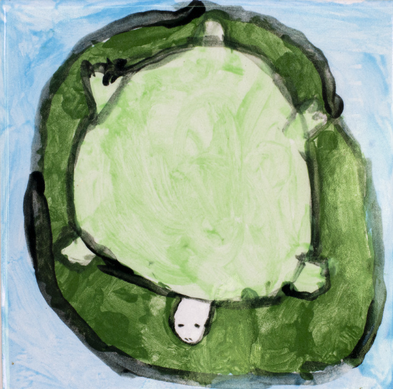 Painting of a large green turtle lying on a lily pad in a pond.