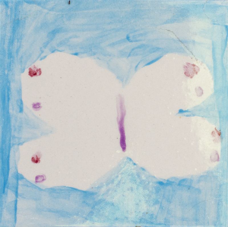 Painting of a white butterfly with a pink abdomen and spots in front of a blue background.