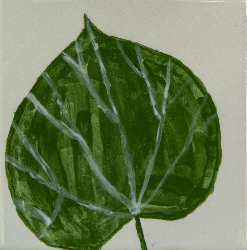 Painting of a green leaf with a rounded shape and visible white veins.