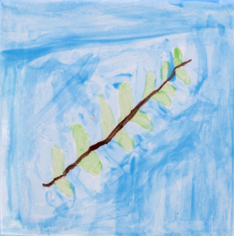Painting of a brown twig with small light green leaves against a soft blue background.
