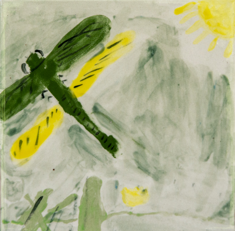 Painting of a green dragonfly with yellow wings with a bright yellow sun in the corner.