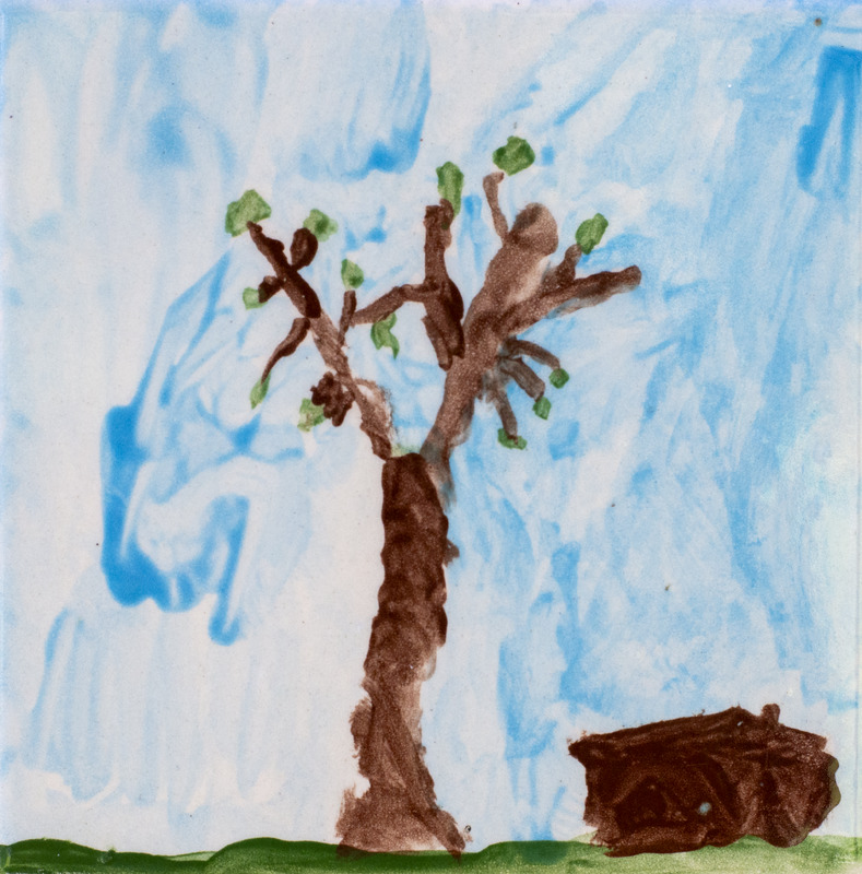 Painting of tree with nearby on ground against blue background.